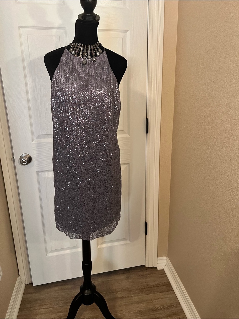H by Halston Gray Sequin Halter Mini Dress